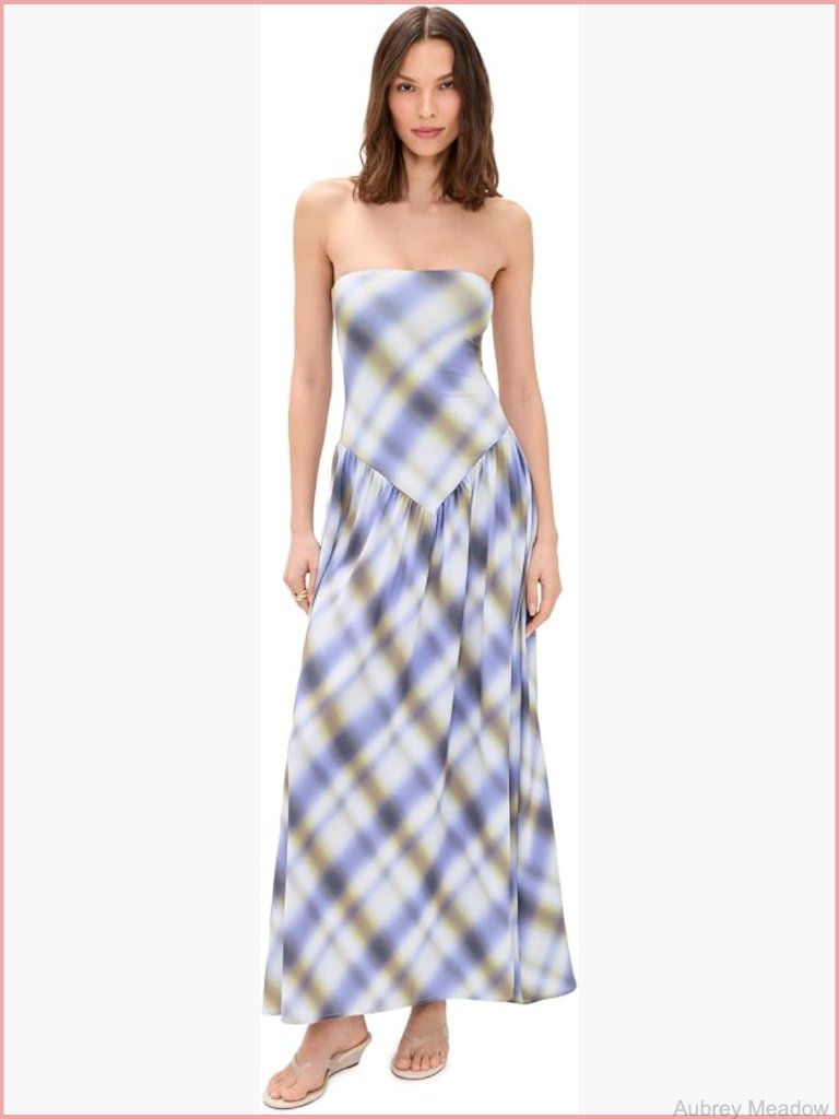 Strapless Midi Dress With Pockets Plaid Stretch Jersey